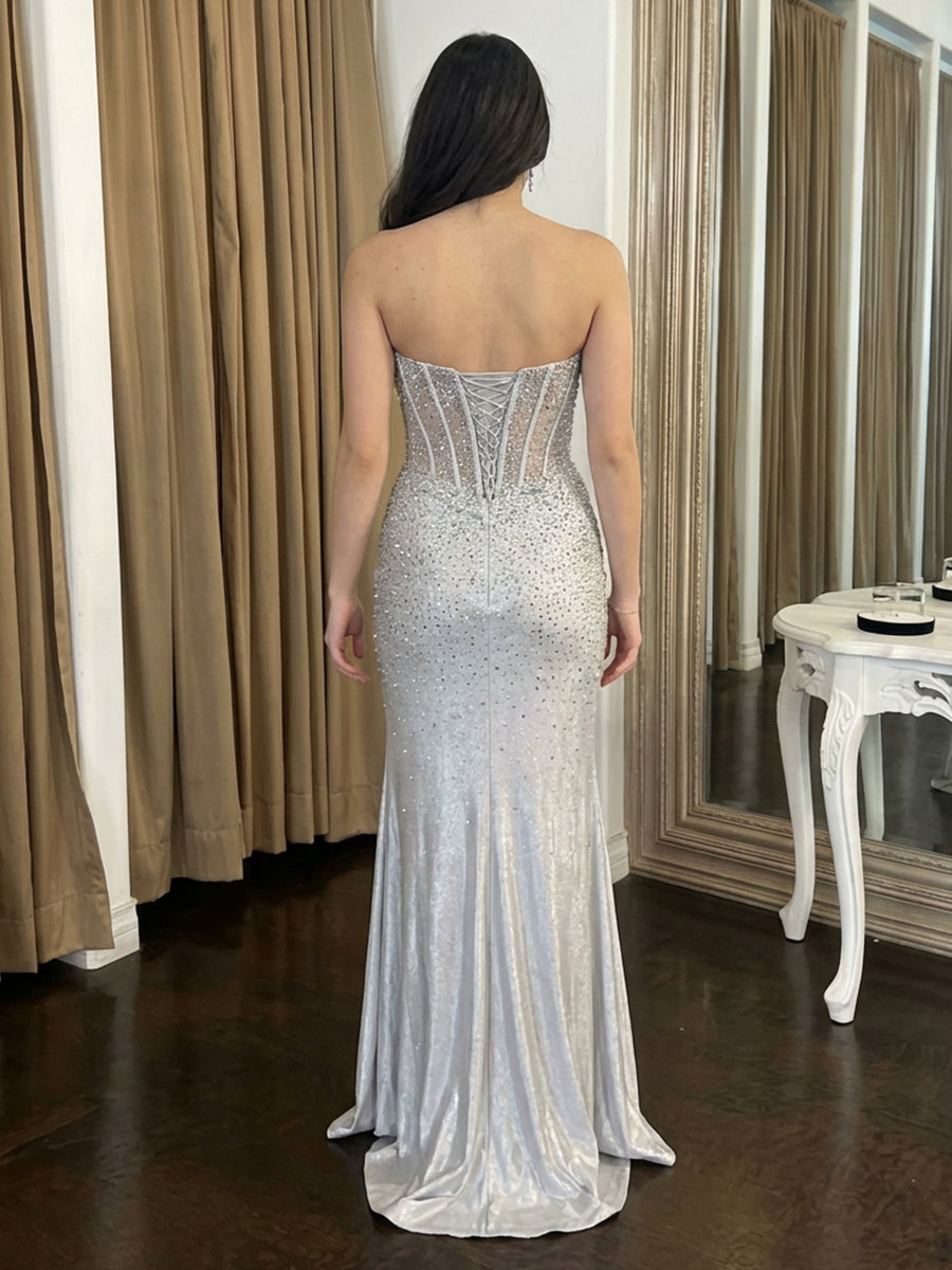 Satin Sequin V Neck Corset Mermaid Prom Dresses with Slit
