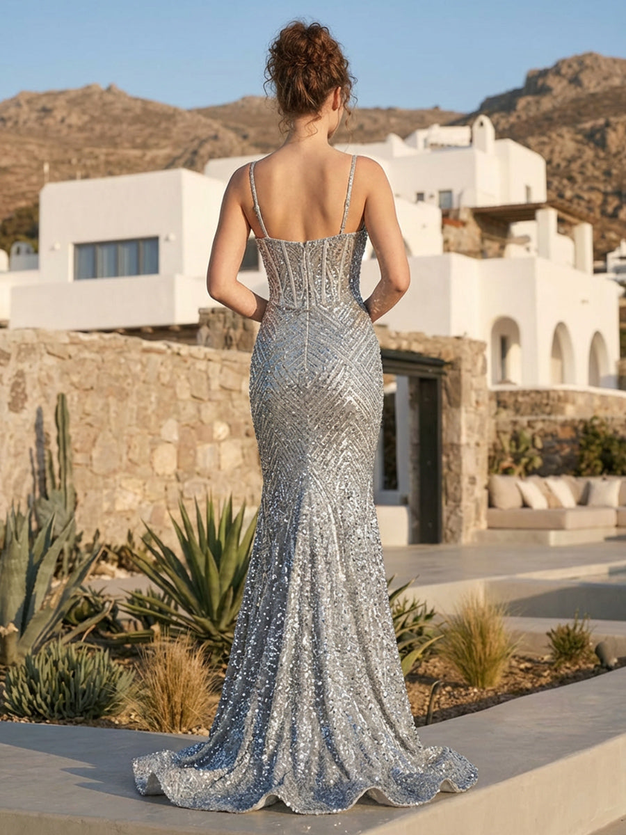 Spaghetti Straps Sequin V Neck Corset Mermaid Prom Dresses