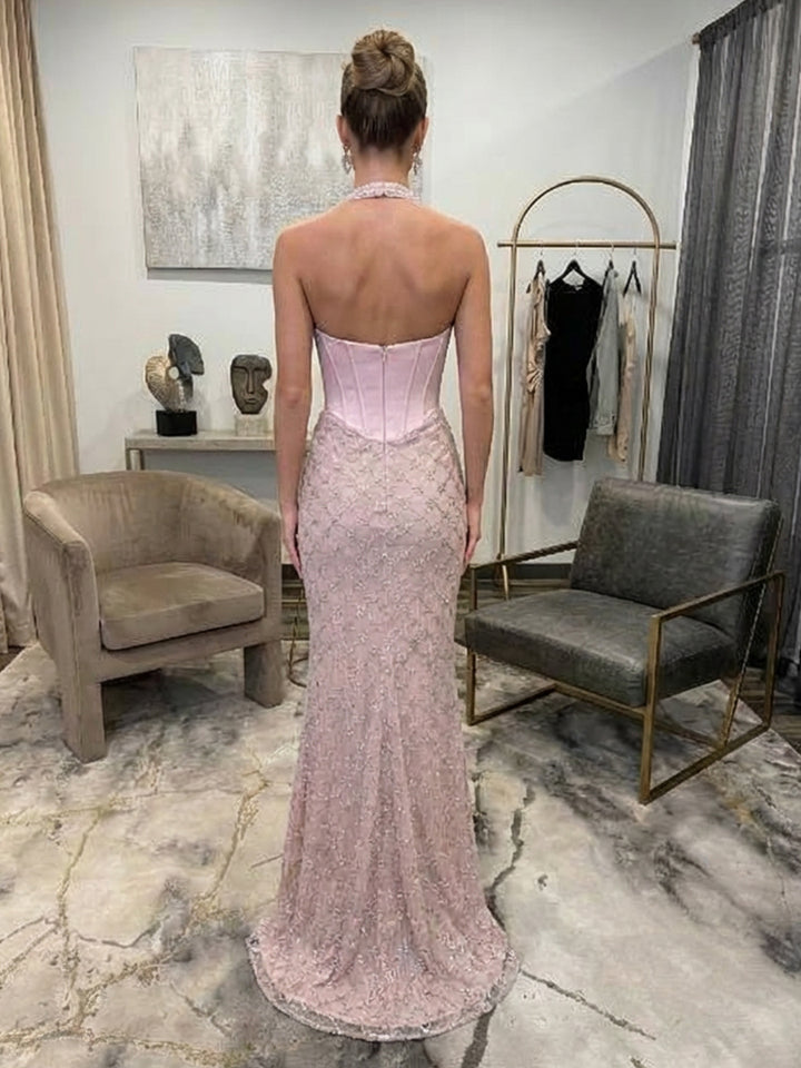 Spaghetti Straps Sequin Round Neck Corset Mermaid Prom Dresses