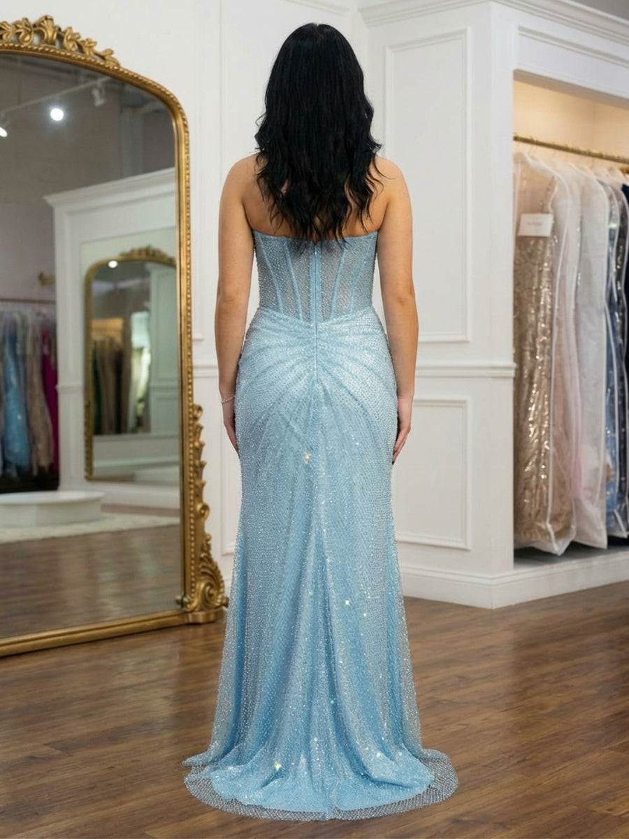 Sequin Spaghetti Straps Round Neck Corset Mermaid Prom Dresses with Slit