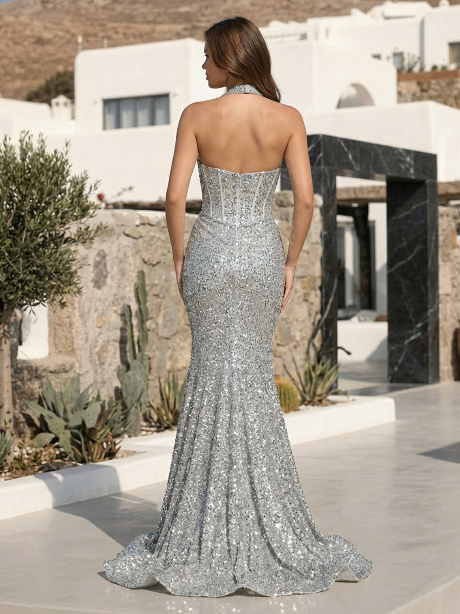 Spaghetti Straps Sequin Sweetheart Corset Mermaid Formal Dresses