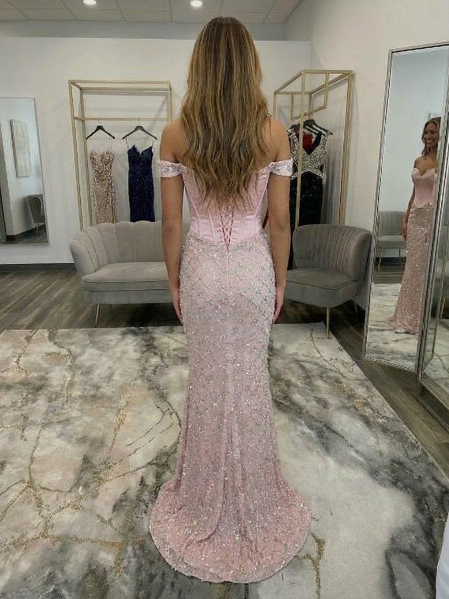 Off the Shoulder Sequin Sweetheart Corset Mermaid Prom Dresses
