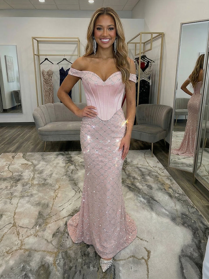 Off the Shoulder Sequin Sweetheart Corset Mermaid Prom Dresses