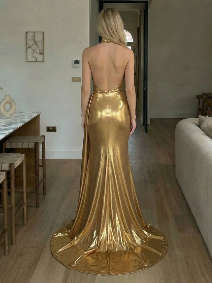 Halter Metallic Satin Backless Evening Dresses with Draped Sash