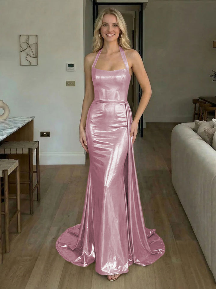 Halter Metallic Satin Backless Evening Dresses with Draped Sash