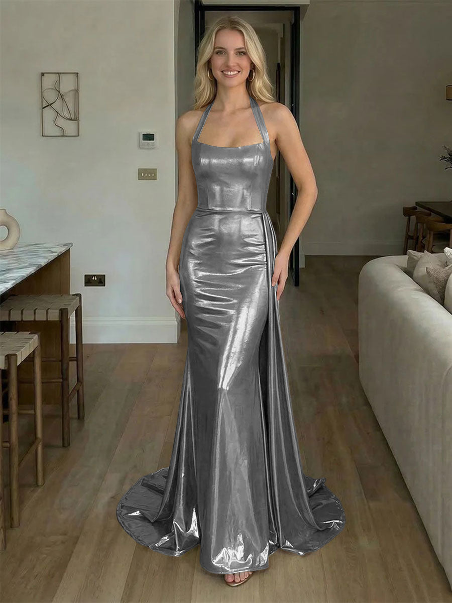 Halter Metallic Satin Backless Evening Dresses with Draped Sash