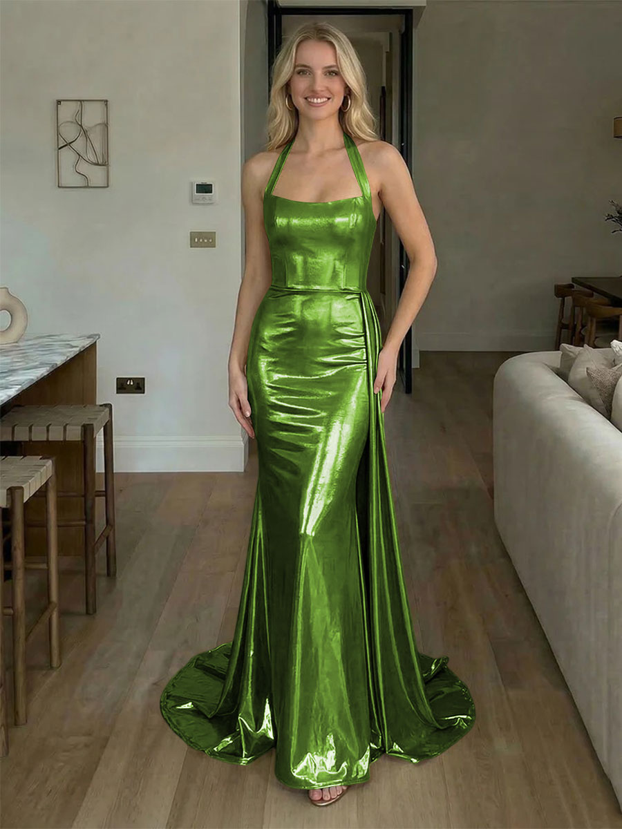 Halter Metallic Satin Backless Evening Dresses with Draped Sash