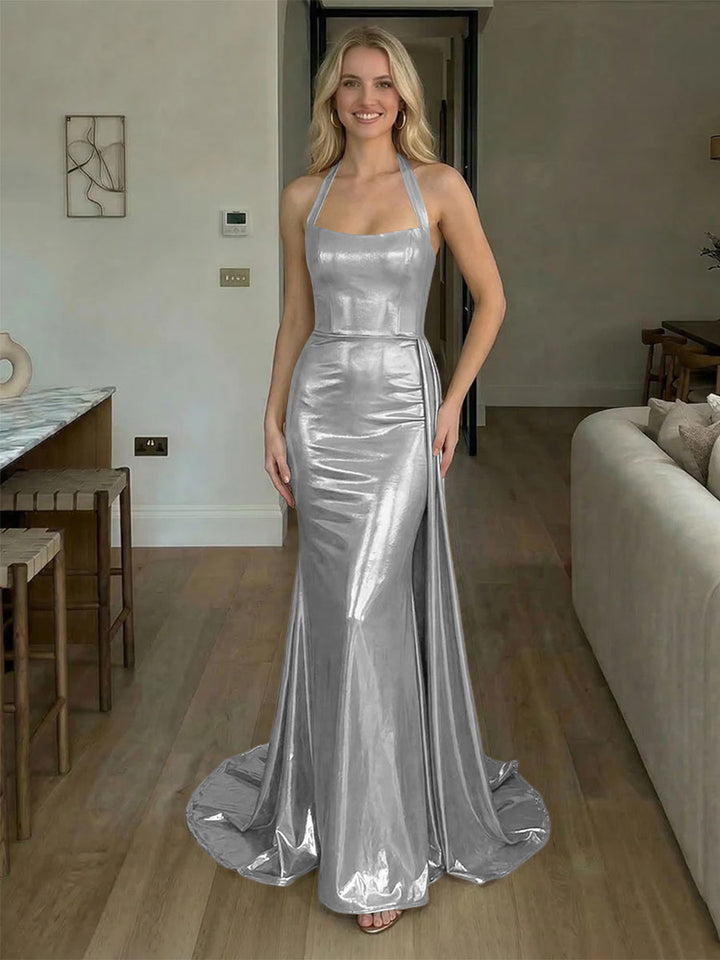 Halter Metallic Satin Backless Evening Dresses with Draped Sash
