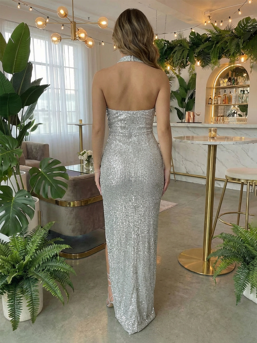 Halter Sequin Sheath Prom Dresses Backless Evening Gowns with Slit