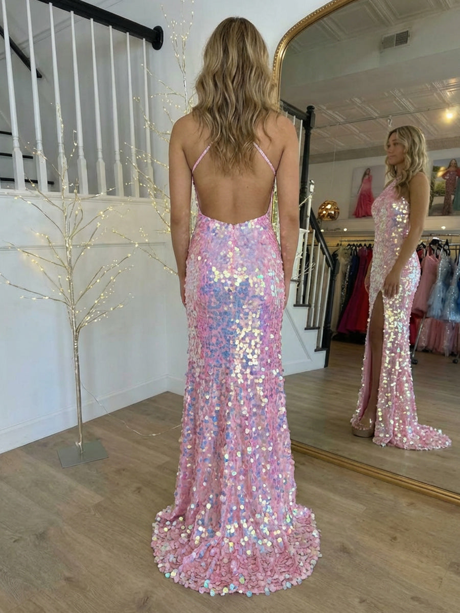 Halter Sequin Prom Dresses Backless Evening Gowns with Slit