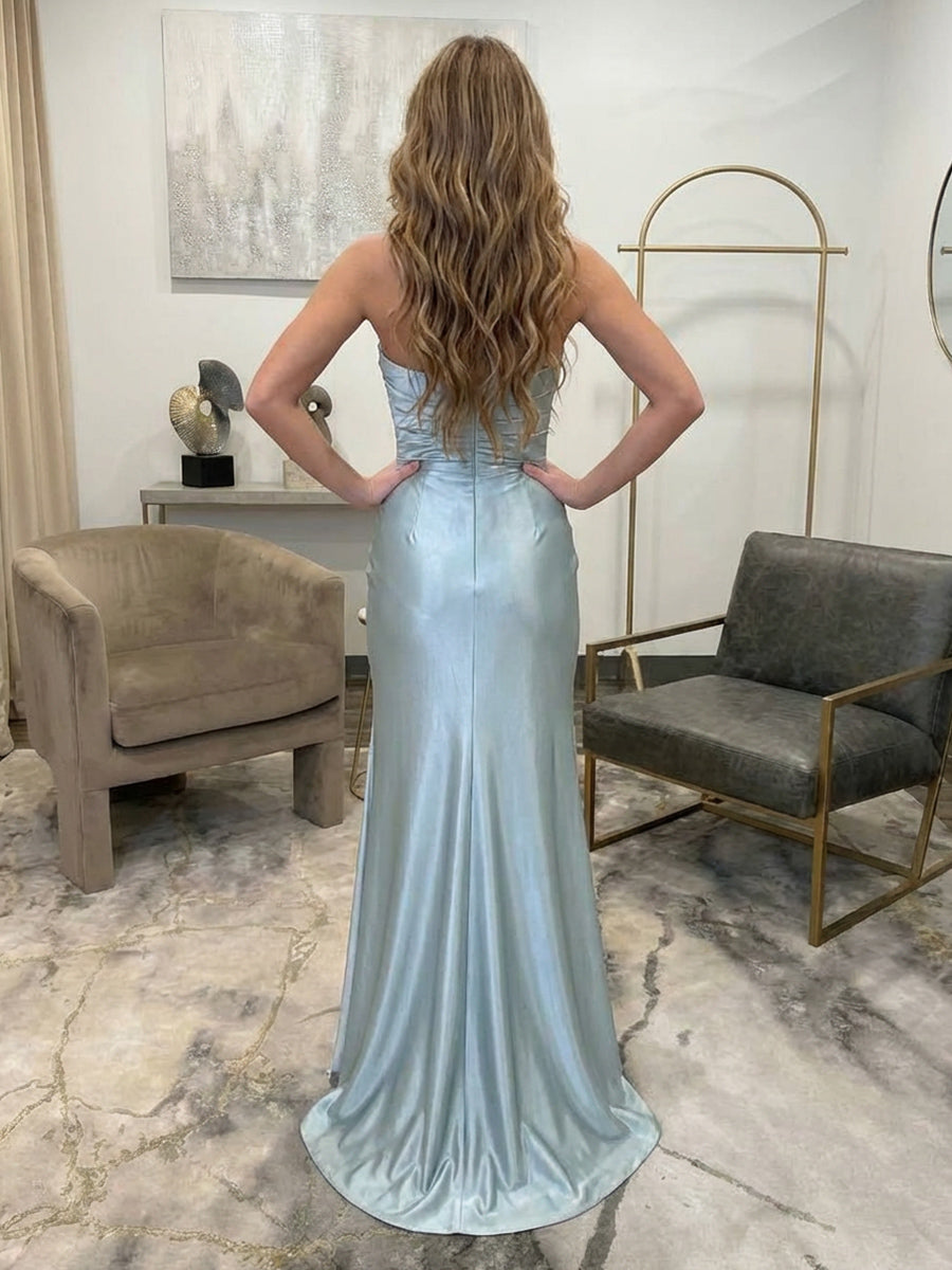 Strapless Satin Prom Dresses Pleated Evening Gown with Slit