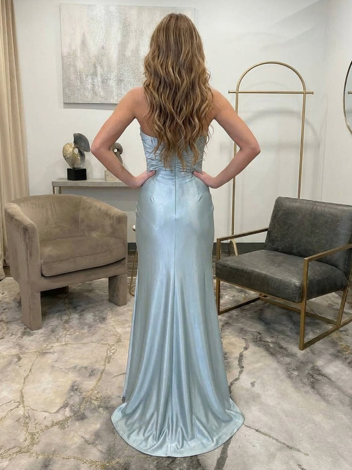 Strapless Satin Prom Dresses Pleated Evening Gown with Slit
