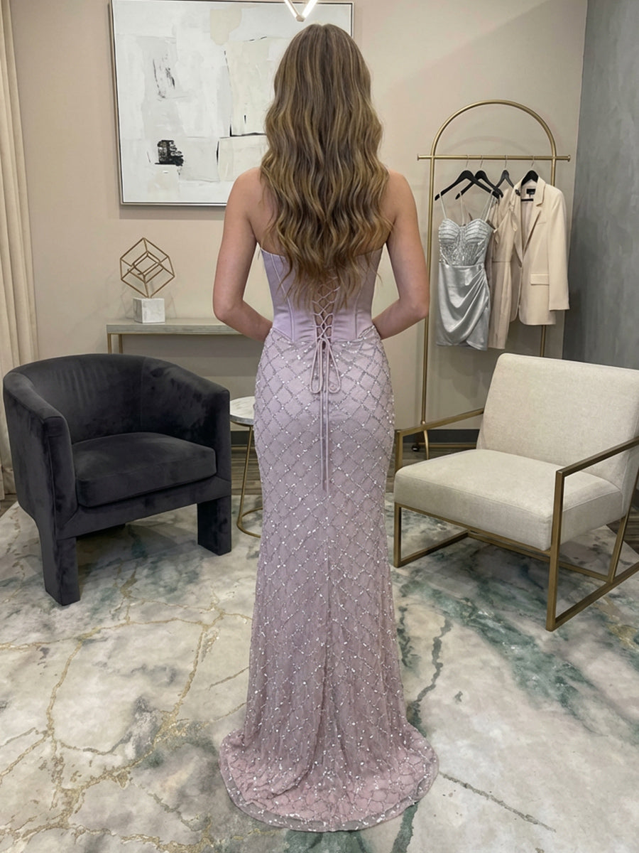 Halter Sequin Prom Dresses Corset Evening Gown with Slit