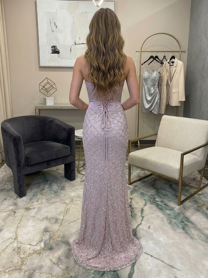 Halter Sequin Prom Dresses Corset Evening Gown with Slit