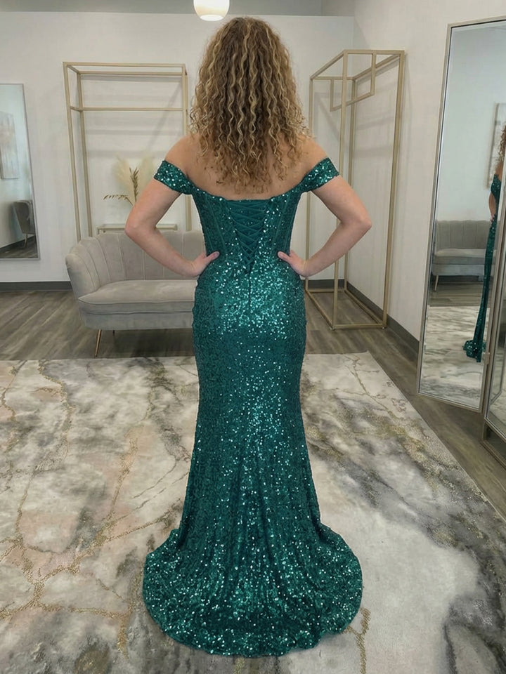 Off Shoulder Sequin Corset Prom Dresses with Slit