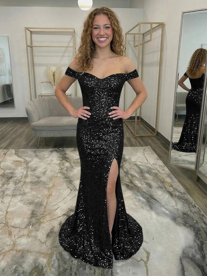 Off Shoulder Sequin Corset Prom Dresses with Slit