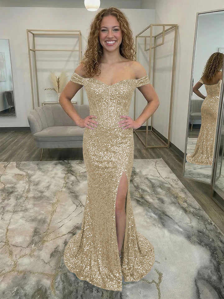 Off Shoulder Sequin Corset Prom Dresses with Slit