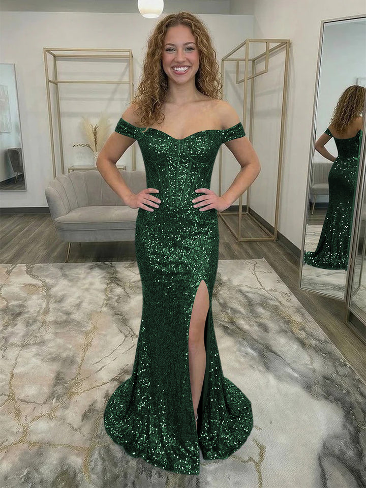 Off Shoulder Sequin Corset Prom Dresses with Slit