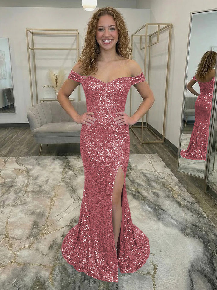 Off Shoulder Sequin Corset Prom Dresses with Slit
