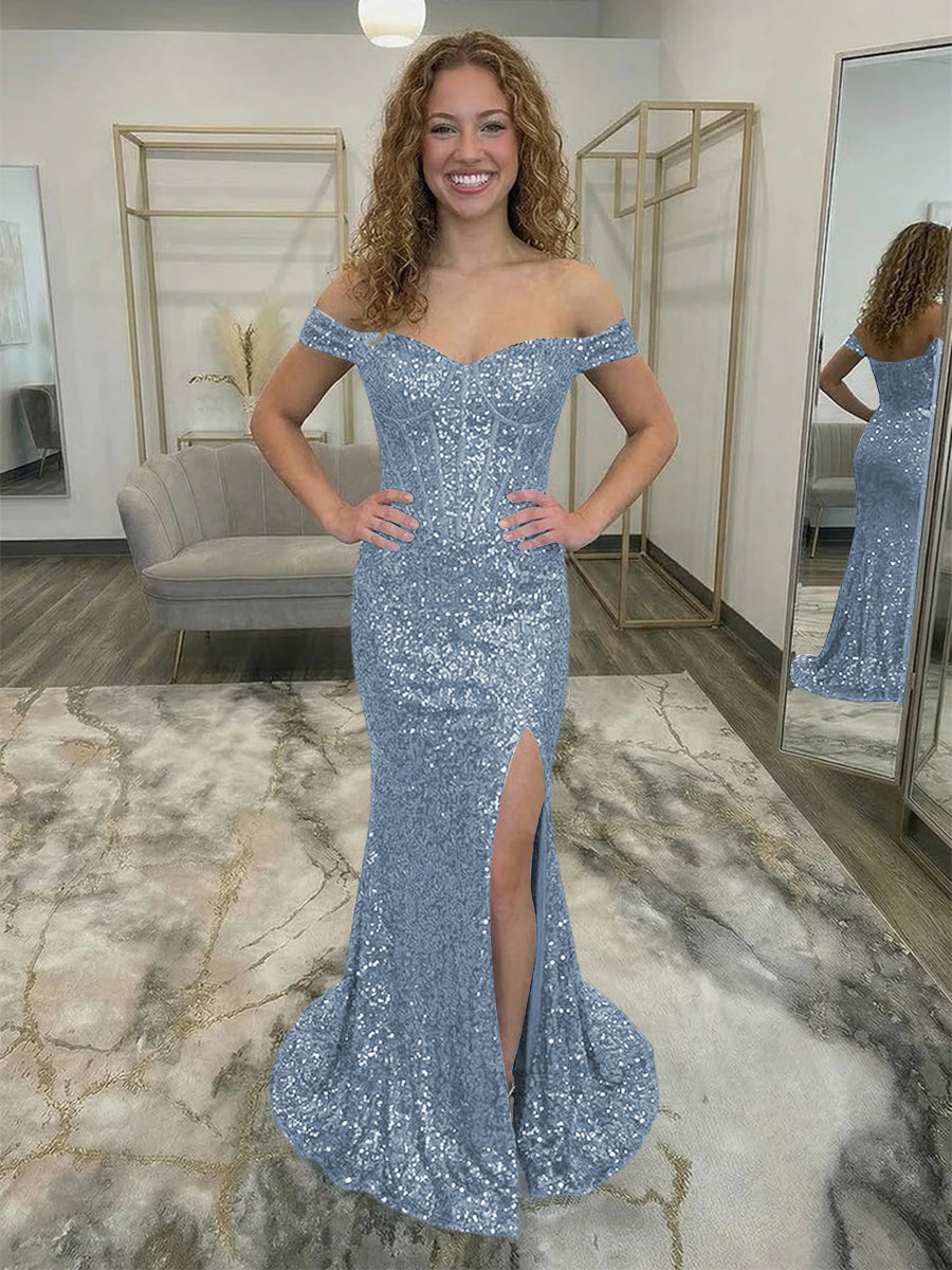 Off Shoulder Sequin Corset Prom Dresses with Slit