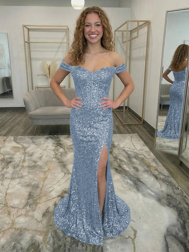 Off Shoulder Sequin Corset Prom Dresses with Slit