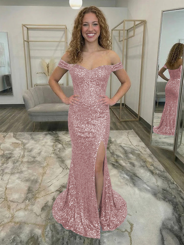 Off Shoulder Sequin Corset Prom Dresses with Slit