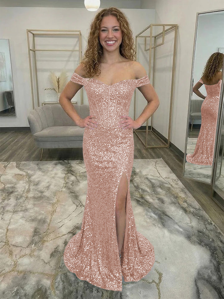 Off Shoulder Sequin Corset Prom Dresses with Slit