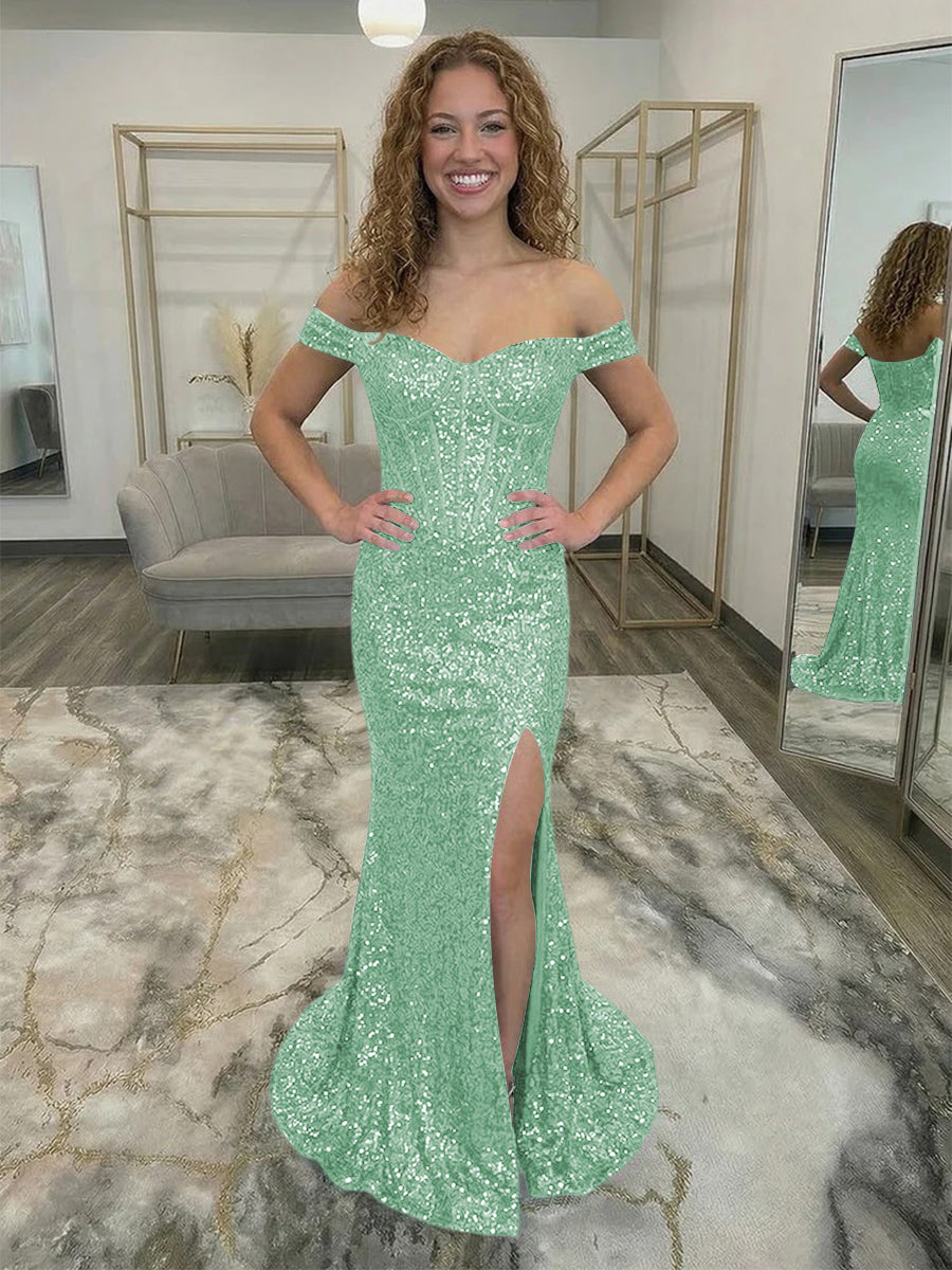 Off Shoulder Sequin Corset Prom Dresses with Slit