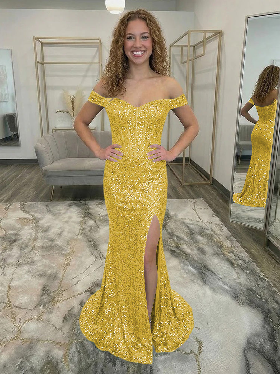 Off Shoulder Sequin Corset Prom Dresses with Slit