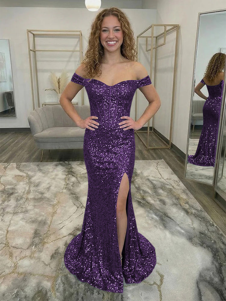 Off Shoulder Sequin Corset Prom Dresses with Slit