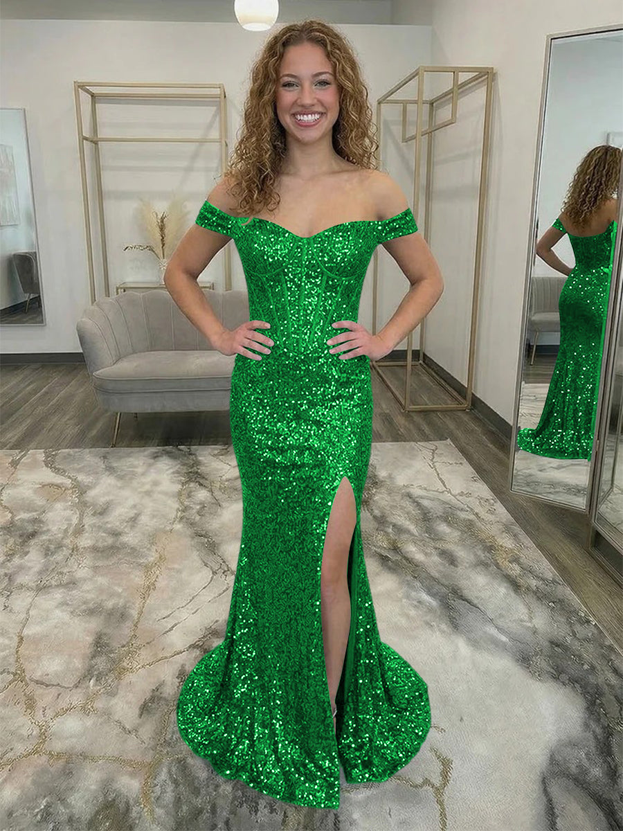 Off Shoulder Sequin Corset Prom Dresses with Slit