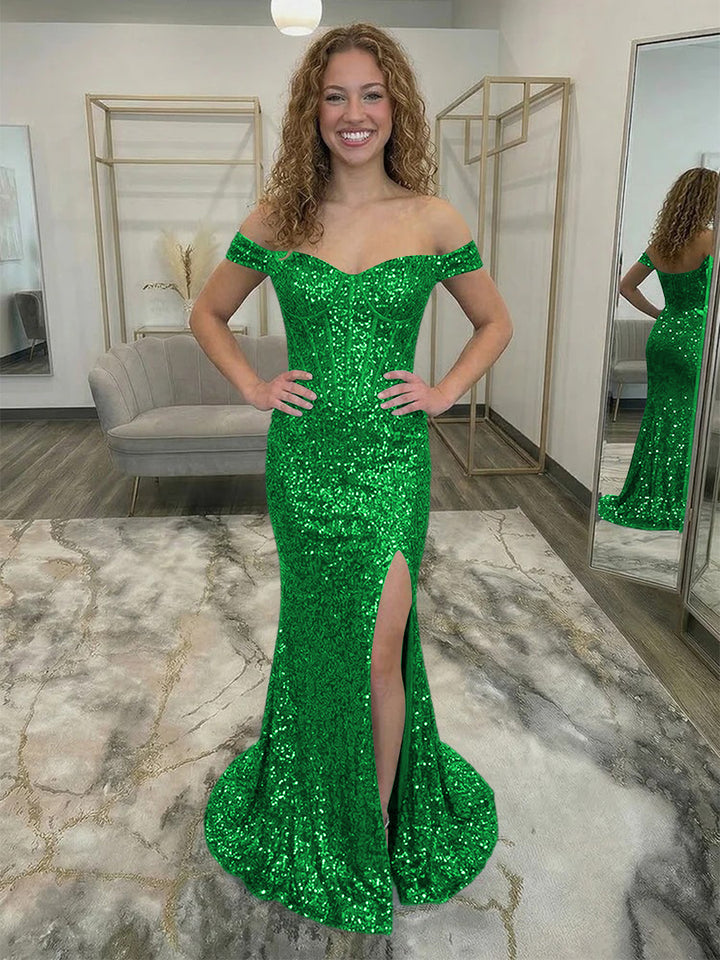 Off Shoulder Sequin Corset Prom Dresses with Slit