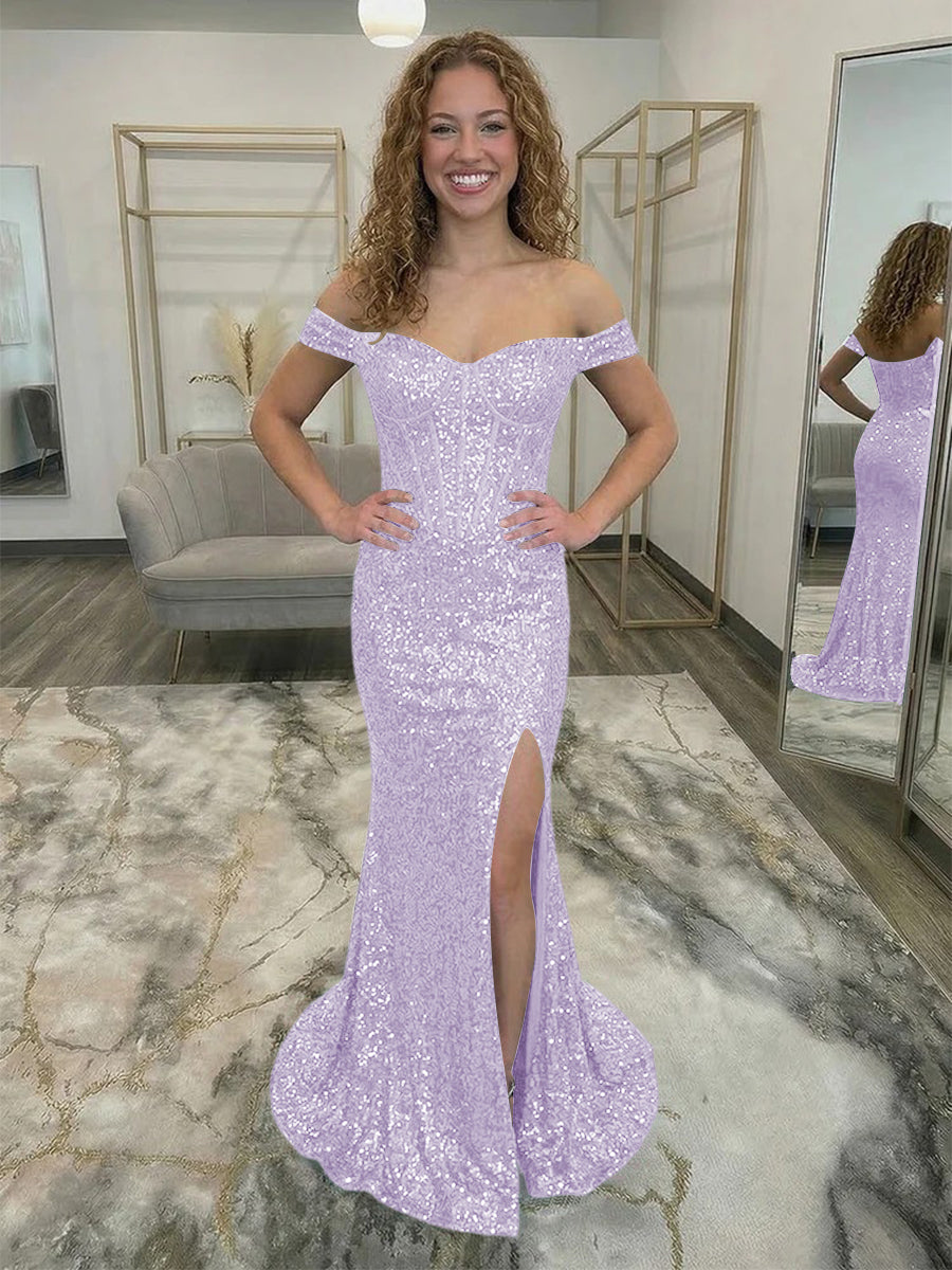 Off Shoulder Sequin Corset Prom Dresses with Slit