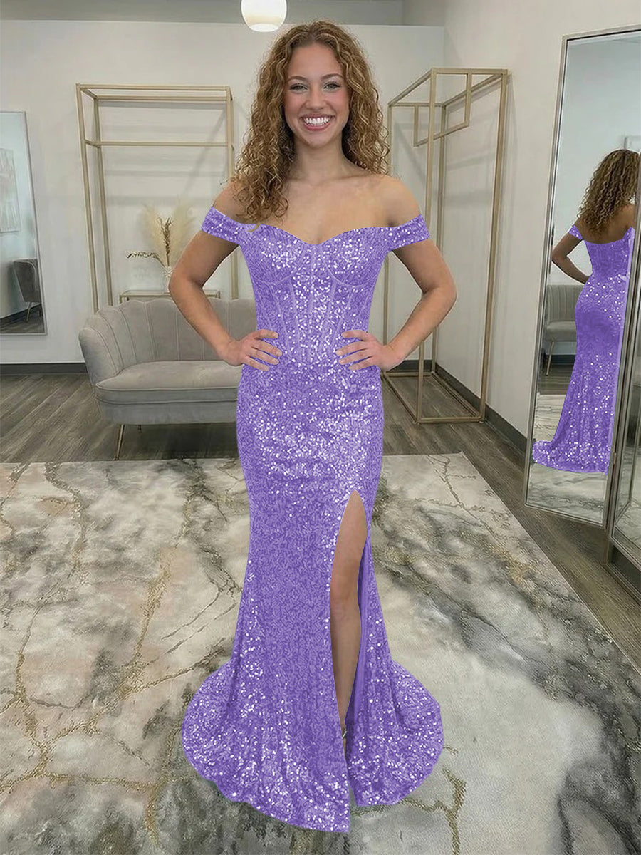 Off Shoulder Sequin Corset Prom Dresses with Slit