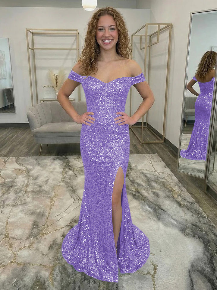 Off Shoulder Sequin Corset Prom Dresses with Slit