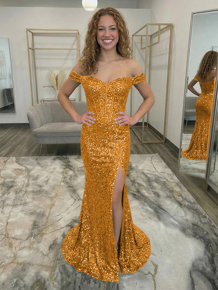 Off Shoulder Sequin Corset Prom Dresses with Slit