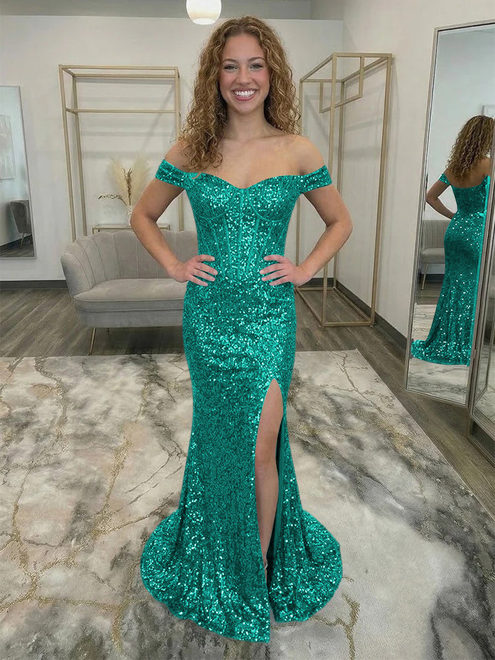 Off Shoulder Sequin Corset Prom Dresses with Slit