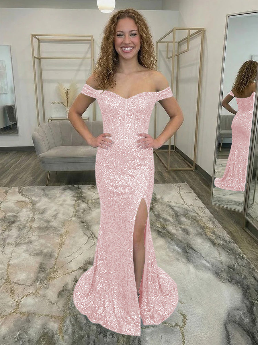 Off Shoulder Sequin Corset Prom Dresses with Slit