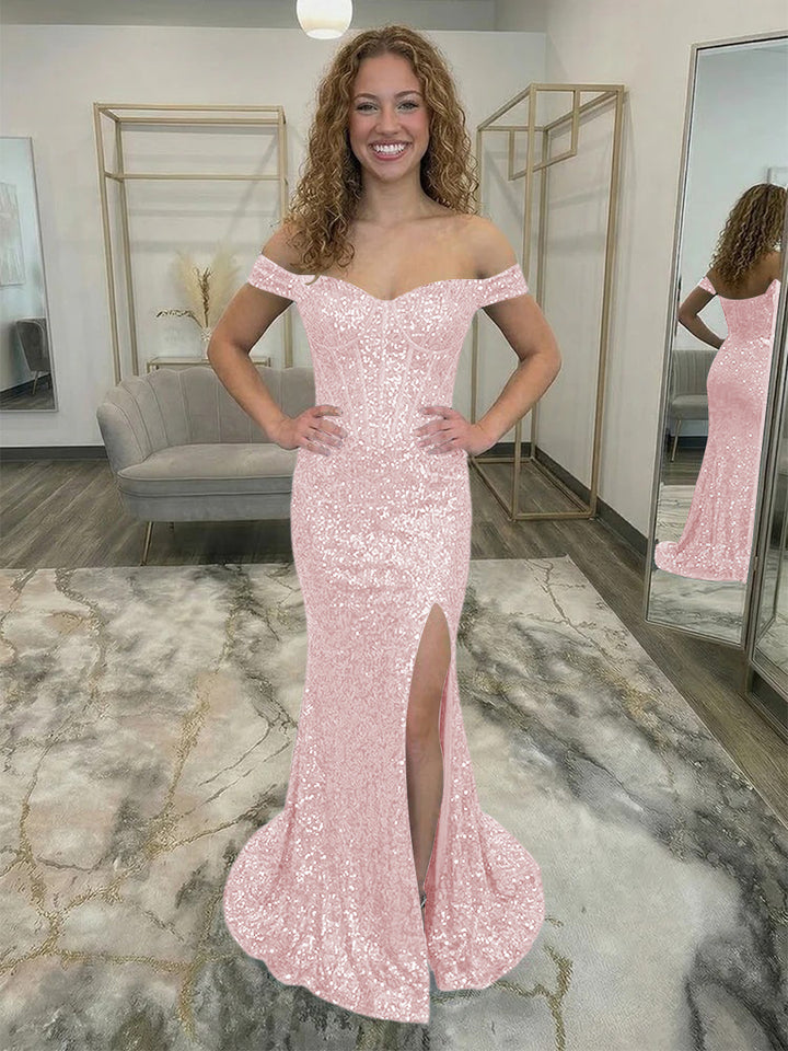 Off Shoulder Sequin Corset Prom Dresses with Slit
