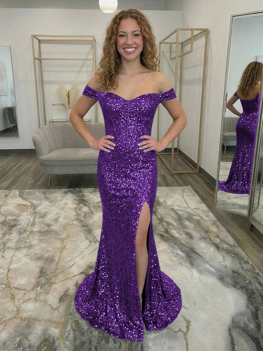 Off Shoulder Sequin Corset Prom Dresses with Slit