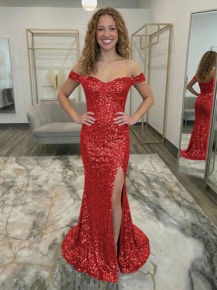Off Shoulder Sequin Corset Prom Dresses with Slit