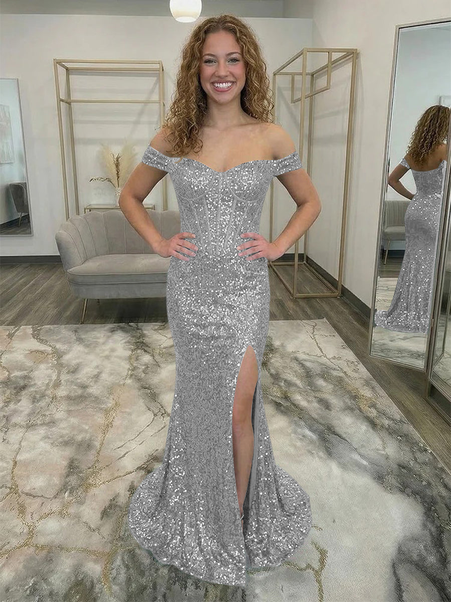 Off Shoulder Sequin Corset Prom Dresses with Slit
