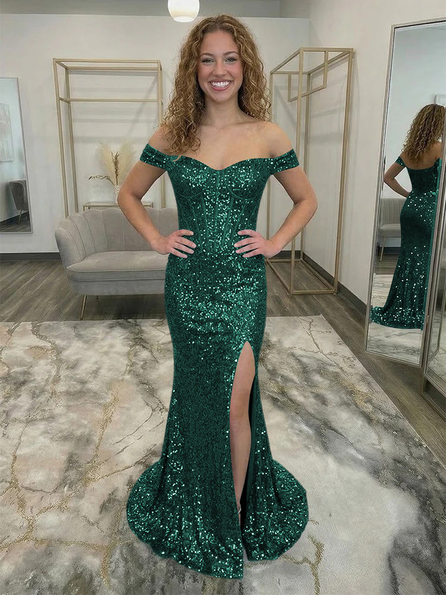 Off Shoulder Sequin Corset Prom Dresses with Slit