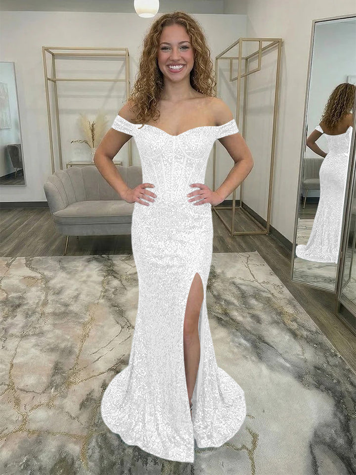 Off Shoulder Sequin Corset Prom Dresses with Slit