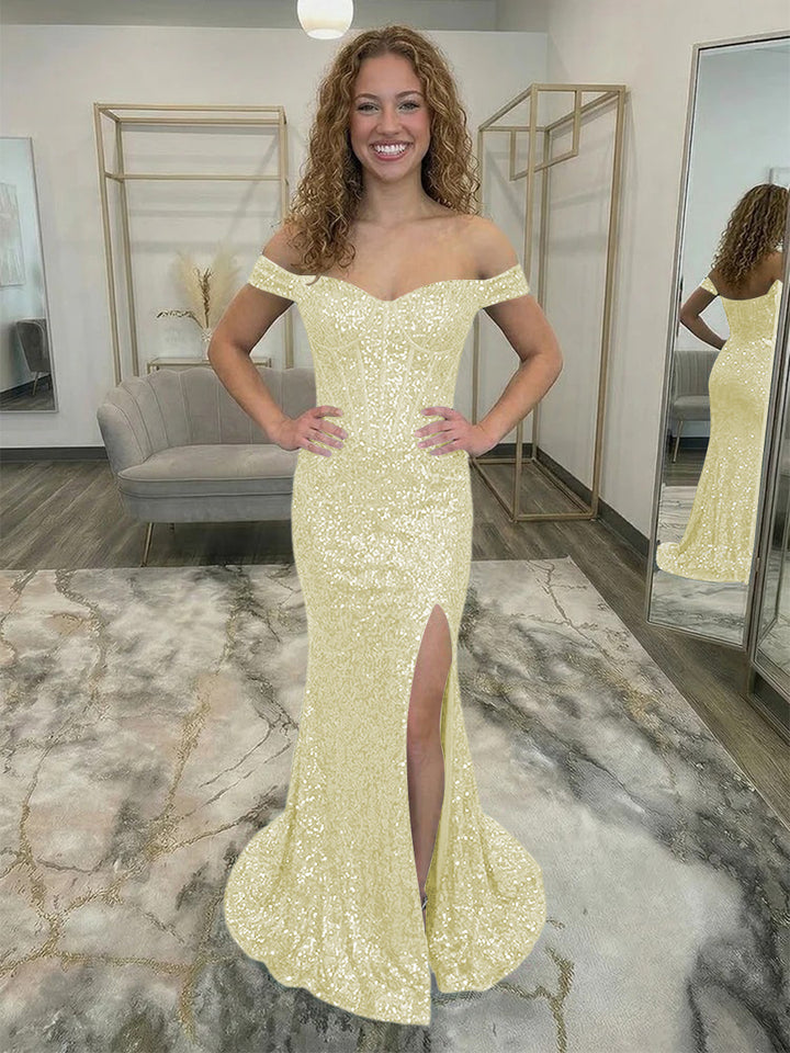 Off Shoulder Sequin Corset Prom Dresses with Slit