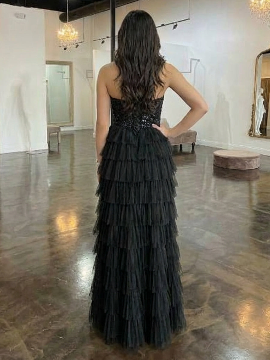 Strapless Tulle Layered Prom Dresses Evening Gown with Slit