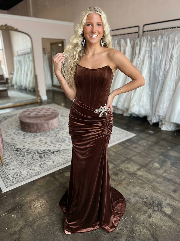 Strapless Velvet Prom Dresses Evening Gown with Pleats