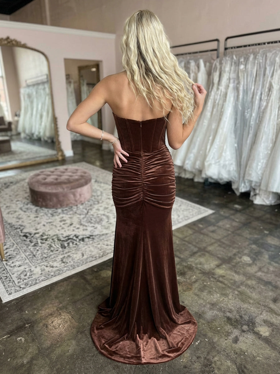 Strapless Velvet Prom Dresses Evening Gown with Pleats