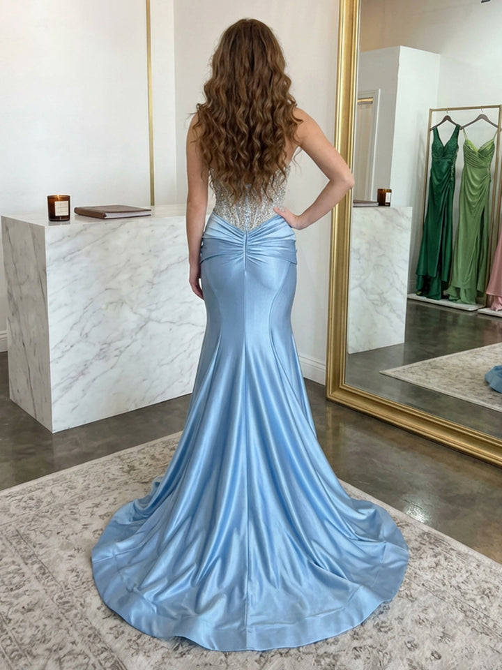 Strapless Lace Appliques Satin Ruched Waist Evening Dresses