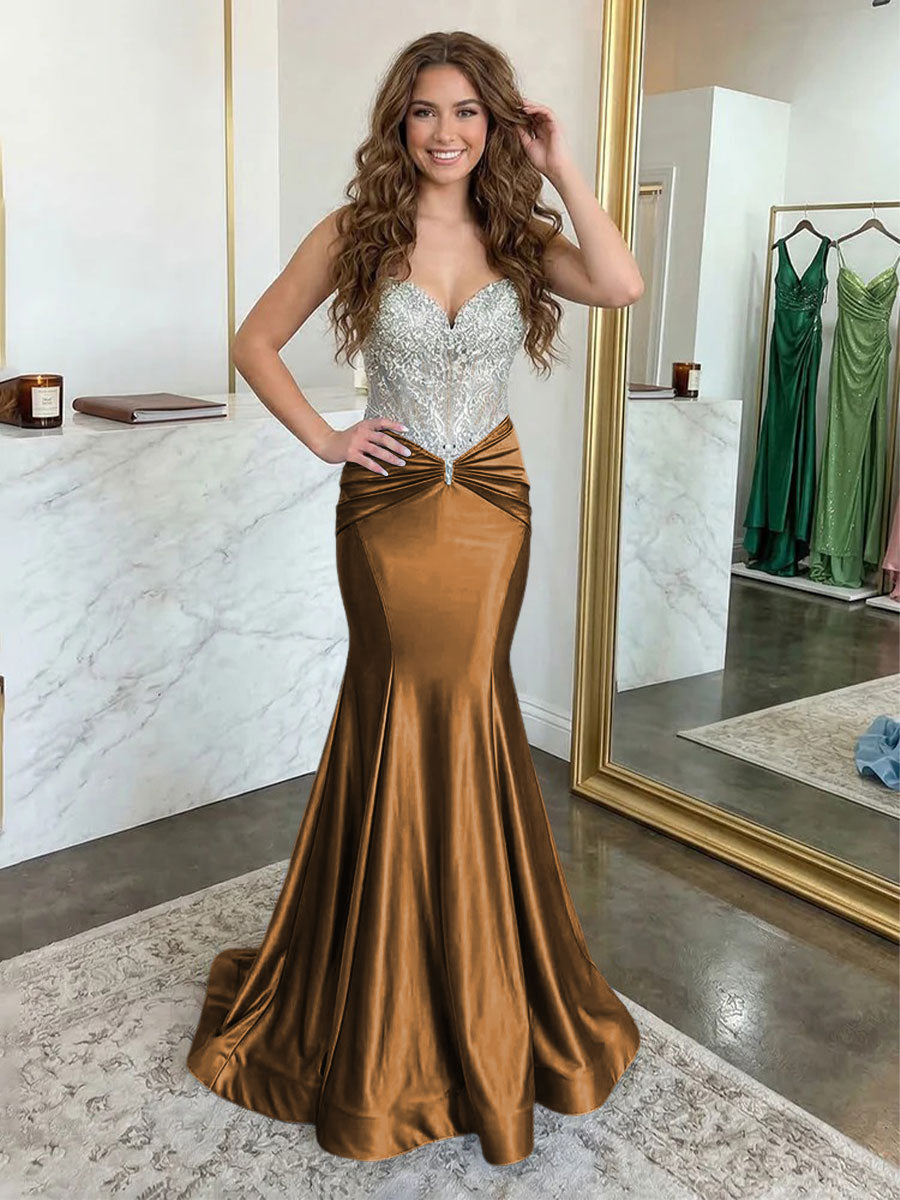 Strapless Lace Appliques Satin Ruched Waist Evening Dresses